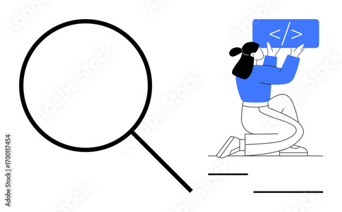 Magnifying glass emphasizes a kneeling woman holding a code snippet. Ideal for coding, development, search, learning, optimization, discovery, simple landing page