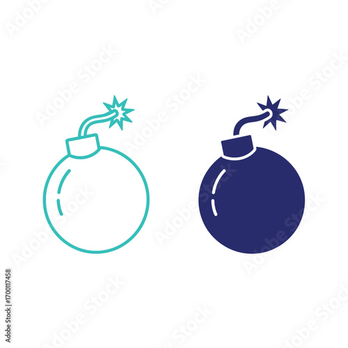 Pair of cartoon-style bomb illustrations, one in teal outline and the other solid dark blue, both showing a lit fuse.