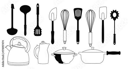 Collection of kitchen utensils and cookware items silhouettes for culinary applications and food preparation