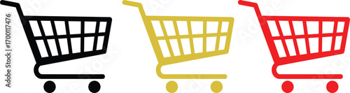 Shopping cart icons isolated on white background, representing retail, commerce, and online shopping in black, gold, and red colors