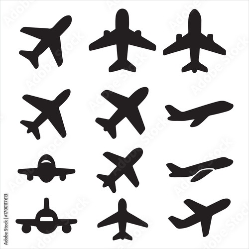 Set of airplane icons and silhouettes for travel and aviation vector design