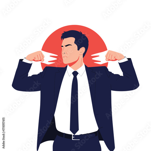 Confident businessman showcasing strength with fierce determination and strong self-belief empowering success