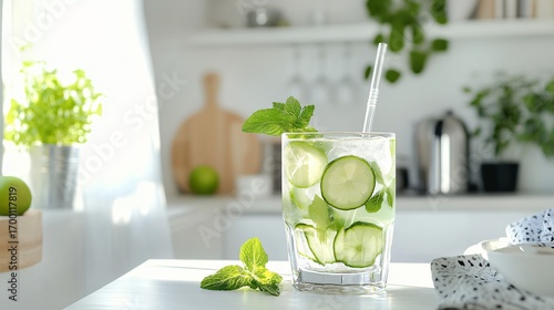 Delicious cold summer lemonade with cucumber and mint in a glass glass against the background of a bright kitchen