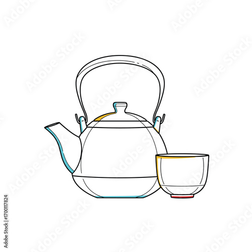 Traditional japanese tea ceremony preparation with kettle and cup illustration for cultural events