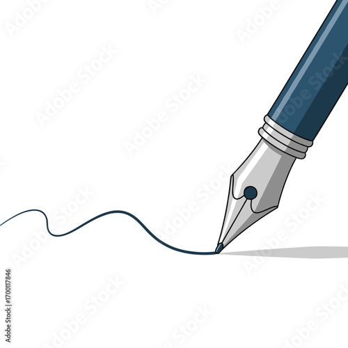 A classic blue fountain pen creating an elegant signature on a white background