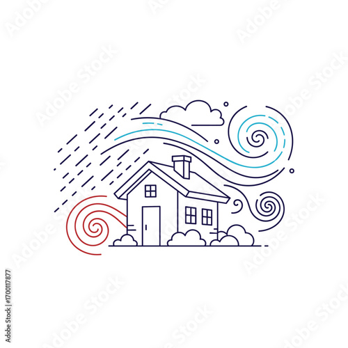Illustration of a house being affected by harsh weather conditions including rain and strong winds