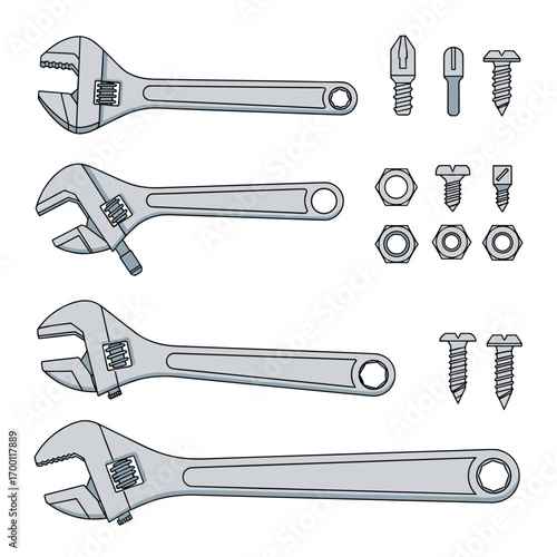 Collection of adjustable wrenches and assorted fasteners for tool and hardware applications