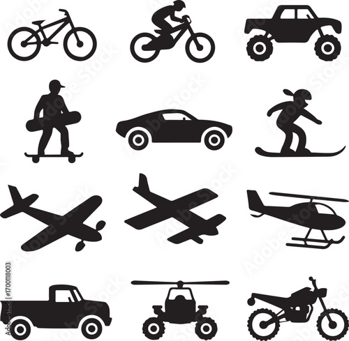 Black silhouette icons of various vehicles and action sports Keywords: bicycle, mountain bike, BMX