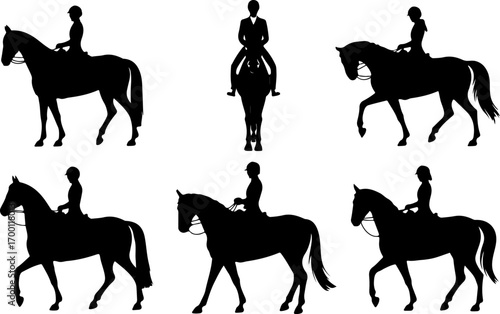 Set of horse and jockey silhouettes in dynamic racing poses.