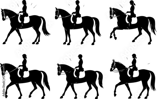 Set of horse and jockey silhouettes in dynamic racing poses.
