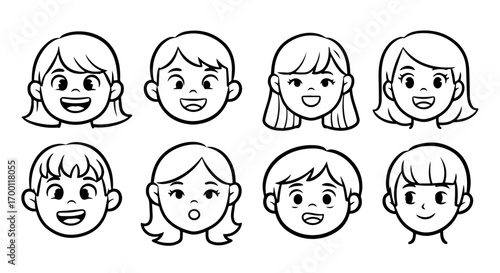 A delightful collection of eight black and white line art illustrations of children's faces, showcasing a variety of cheerful expressions and hairstyles.
