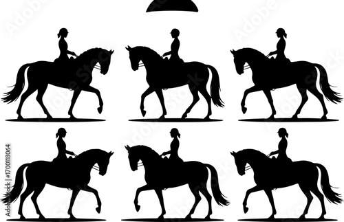 Set of horse and jockey silhouettes in dynamic racing poses.