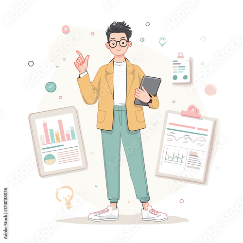 A young professional in a casual outfit holds a tablet while presenting various reports and charts in a modern workspace, demonstrating enthusiasm and creativity.