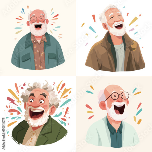 Four joyful elderly men express happiness with bright colors radiating around them. Each man showcases a unique style and vibrant smile, creating a lively atmosphere.