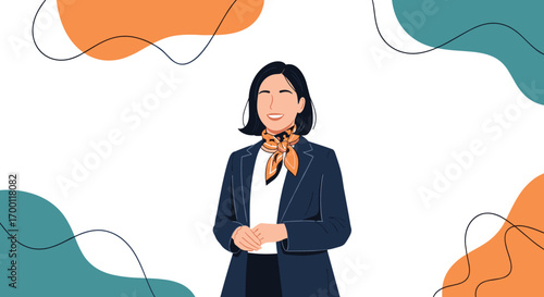 Professional business woman smiling confidently in a modern office environment with abstract shapes and dashed lines