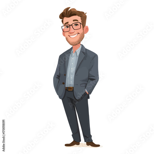 Young man in a stylish suit stands with a relaxed posture, smiling warmly. His glasses and hairstyle add to his approachable personality.