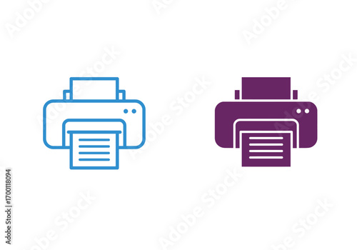 Two distinct printer icons, one in blue outline and another in solid purple, both depicting paper being processed for printing.