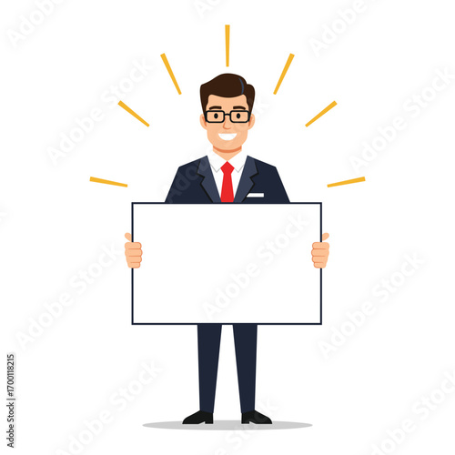 Happy businessman standing firmly holding a blank white board ready to share information about his success