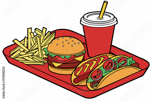 Fast food meal tray with burger fries hot dog and drink
