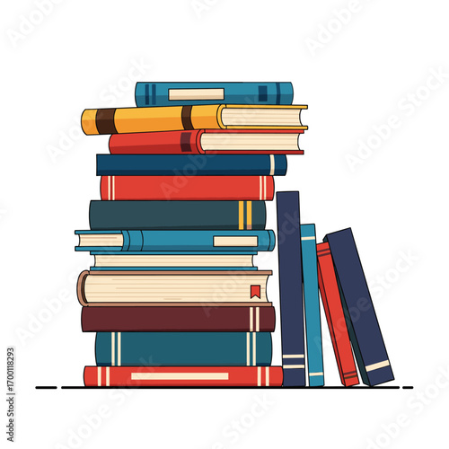 A stack of books and some lean against themselves for support