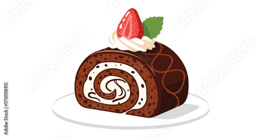 Delicious chocolate swiss roll cake topped with cream and fresh strawberry dessert