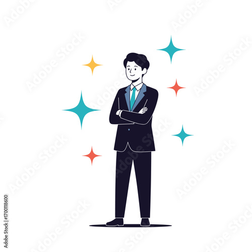 A confident professional person standing with arms crossed surrounded by sparkling stars of various colors