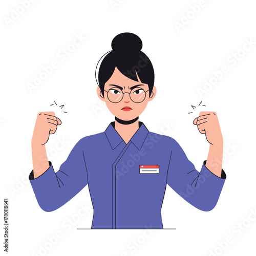Determined young woman showing muscles and strength with fierce expression and concentrated gaze ready for action