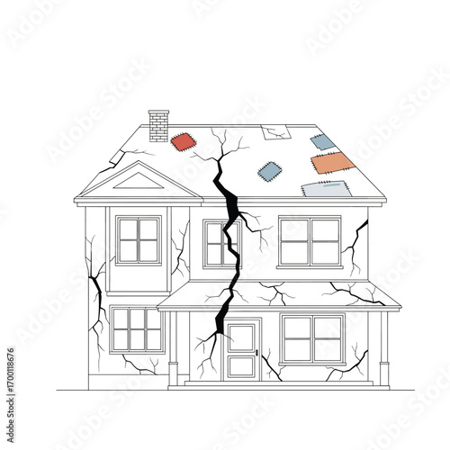 Visual representation of structural damage affecting a residential building showing significant cracks throughout