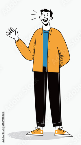 A young man stands confidently, waving his hand with a big smile. He is dressed in a yellow shirt over a blue top and black pants, showcasing a happy demeanor.