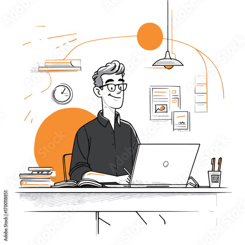 A man sits at a desk focused on his laptop, with shelves of books and office supplies around him. A clock and wall art add to the creative atmosphere.