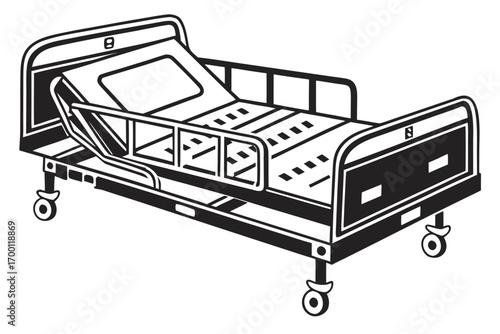 Black and white illustration of a hospital bed with wheels and rails