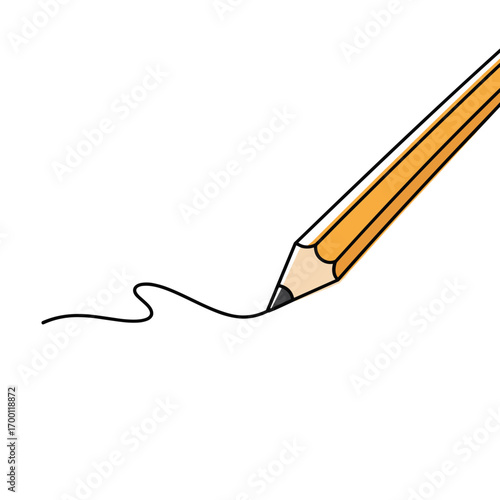 A simple wooden pencil drawing a curved line on a white background suggesting the beginning of creativity and communication