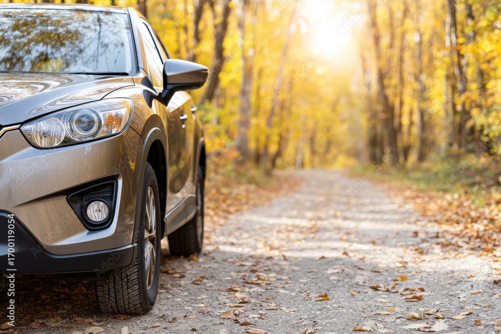 Fototapeta premium A gold-colored SUV is parked on a leaf-strewn dirt road, surrounded by a forest of vibrant autumn trees under a bright sun.