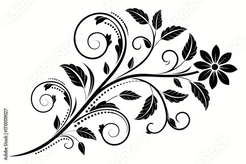 Elegant black floral swirl design with leaves and flower