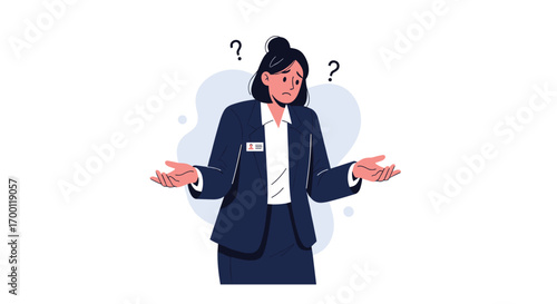 Confused business woman shrugging with question marks above her head depicting uncertainty and indecision
