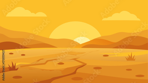 Golden desert landscape with rising sun