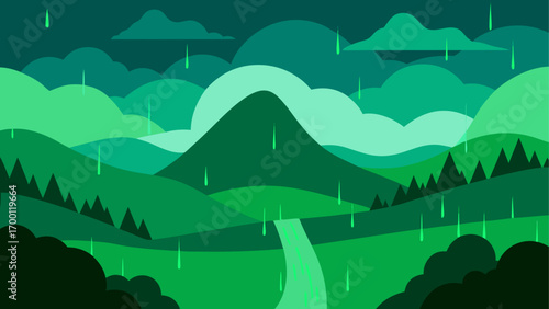 Green landscape with rain and mountain view