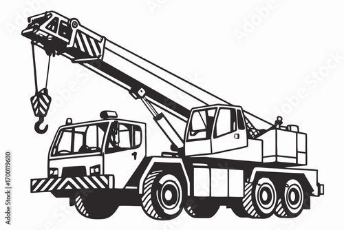 Black and white illustration of a mobile crane truck
