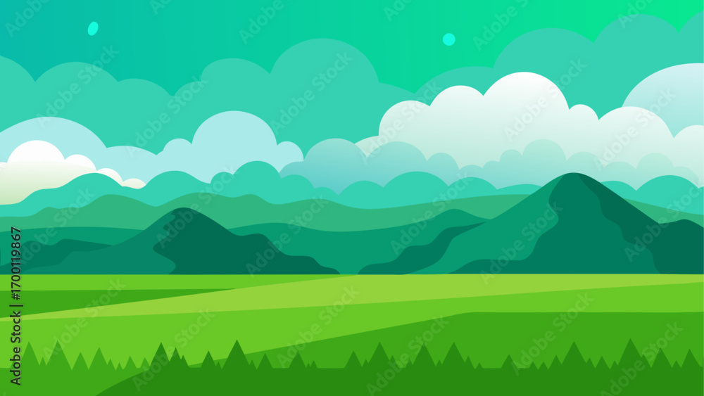 Fototapeta premium Green landscape with hills and cloudy sky