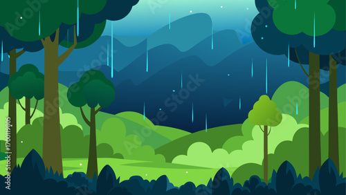Illustration of a rainy forest landscape