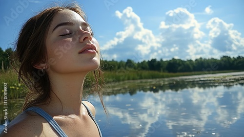 Young woman relaxing by lake, enjoying nature, peaceful sky reflection