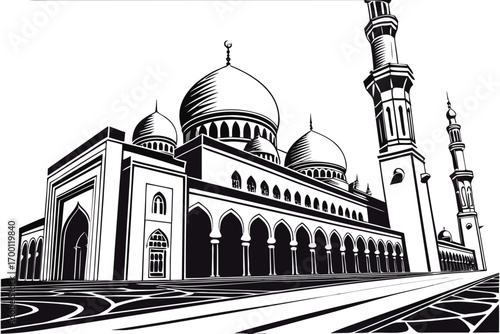 Stylized black and white illustration of a grand mosque