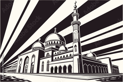 Stylized mosque with radiant background