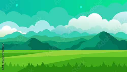 Green landscape with hills and cloudy sky