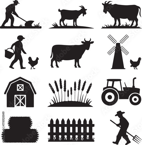 Farm And Agriculture Icons Silhouette Collection farmer digging