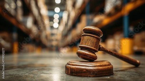 Wooden gavel on table with blurred warehouse background, close up. It shows compliance for regulations in supply chain management.