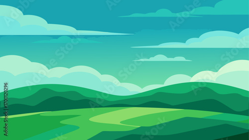 Cartoon landscape with green hills and sky