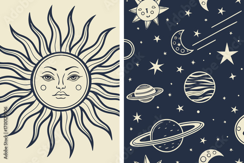 Vintage style sun face and celestial space pattern with planets and stars vector