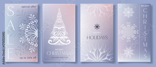 Set of trendy christmas gradient design templates with snowflakes and modern typography. Winter holiday posters, sale banners or flyer designs. Designs for social media,  advertising, web