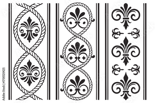 Black and white seamless vintage damask patterns with rope and fleur de lis motifs vector